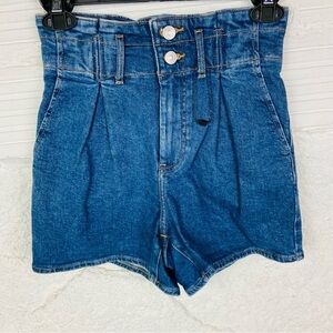 NWOT EXPRESS denim cotton stretch midi super high-rise paper bag jean shorts 00